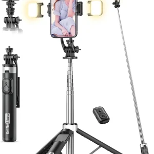 53'' Extendable Selfie Stick Tripod with Light & Remote, Portable Phone Stand Compatible with iPhone Android